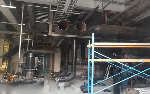 Process piping and pumps installed overhead.