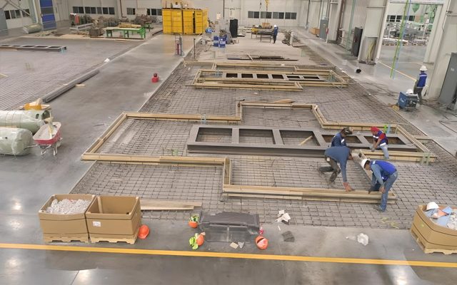 Formwork and reinforcement laid out for the machine foundation.