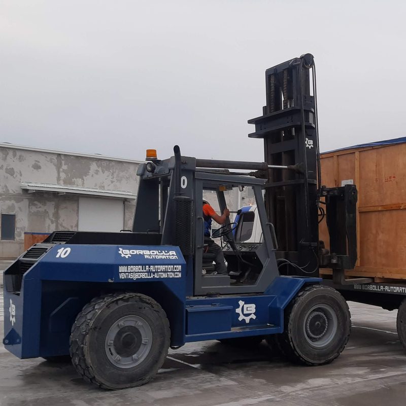 Crated equipment carried in on the forks.